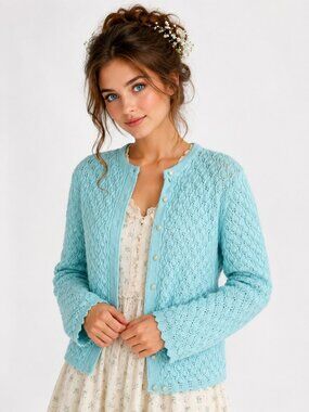Vintage Cuddle Knit Wintuk Aqua Blue Open Knit Cardigan Sweater Medium